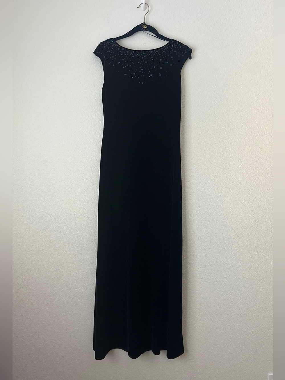 VTG 90s J.R. Nites Navy Blue Velvet Beaded Cowl Back Maxi Gown Prom Dress 8